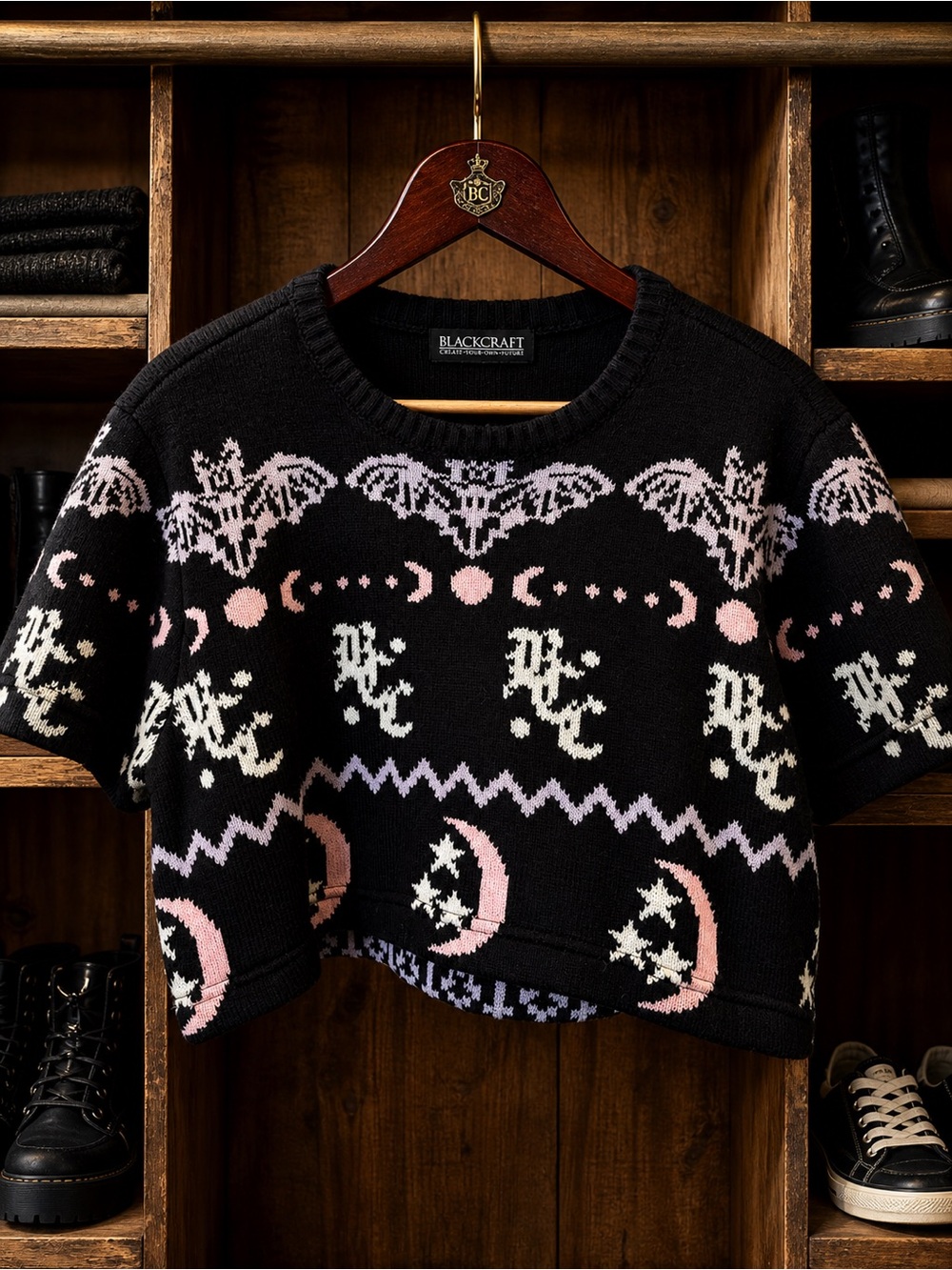 Black Cropped Knit Top with Pink & Cream Moon Motif